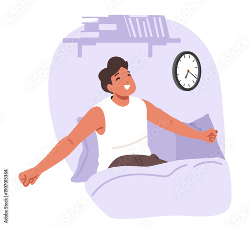 Cheerful young man waking up in bed feeling fully rested and ready to start day cartoon scene