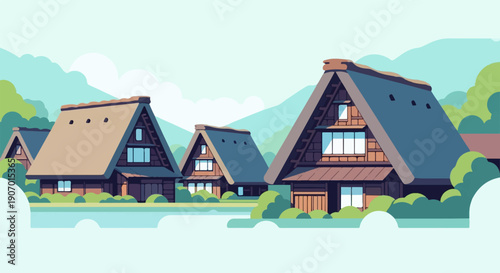 Pixel art village with thatched roof houses and misty mountains