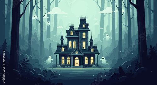 Pixelated haunted mansion in a dark, foggy forest with spectral figures