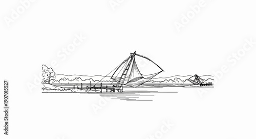 Sketch of a tranquil waterfront with traditional fishing nets and lush scenery