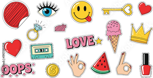 Trendy colorful pop art sticker set with emoji, heart, ice cream cone, crown, cassette tape, and diamond ring isolated on white background.