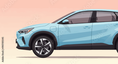 Pixelated light blue electric SUV parked against a soft gradient sunset sky