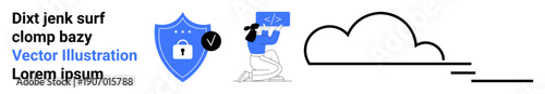 Cloud computing, online security, data protection, coding, software development, digital data. Shield with a lock, person coding cloud symbol and lines. Cloud computing and online security concept