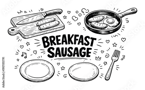Hand-drawn breakfast sausage and egg illustration with cutting board and frying pan
