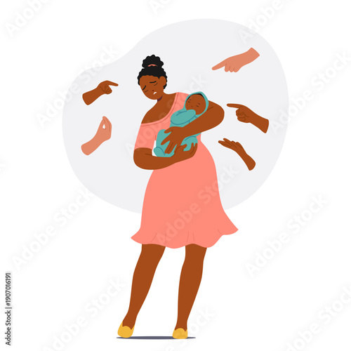 Crying mother holding her newborn baby while multiple hands point and blame her cartoon scene
