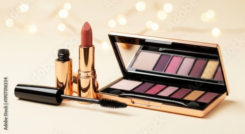 Luxury makeup products with eyeshadow palette and lipstick
