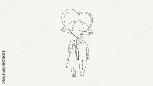 Elegant line art illustration depicting a loving couple sharing an umbrella, with intertwined hearts above, symbolizing profound connection, protection, and romantic togetherness