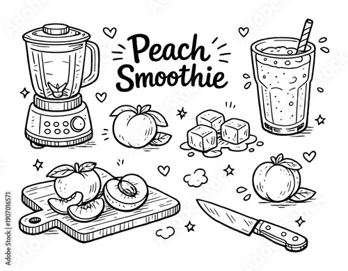 Hand-drawn blender, smoothie, peaches, cubes, knife, cutting board illustration