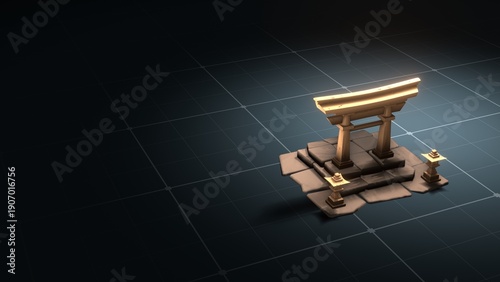 3D Japanese Torii Gate on Dark Minimalist Grid Background