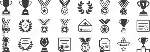 Collection of award icons including trophies medals laurel wreaths and certificates on white background Keywords: award, trophy