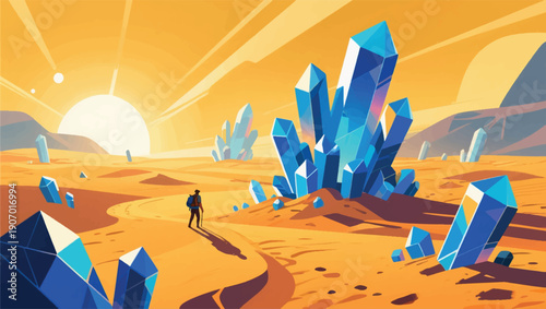 Illustration Of An Adventurous Expedition Across A Vast Desert Filled With Giant Sparkling Crystals Vector Design Template