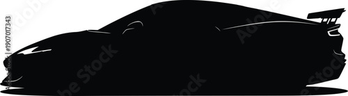 Silhouette of sports car viewed from side showcasing sleek design and aerodynamic features in vector illustration