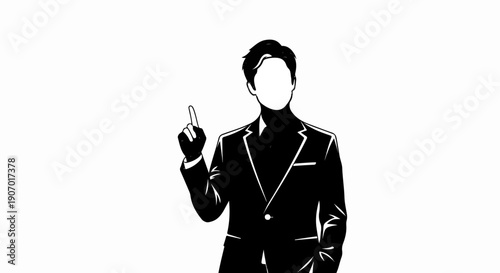 Silhouette of a man in a suit pointing upward with a blank face
