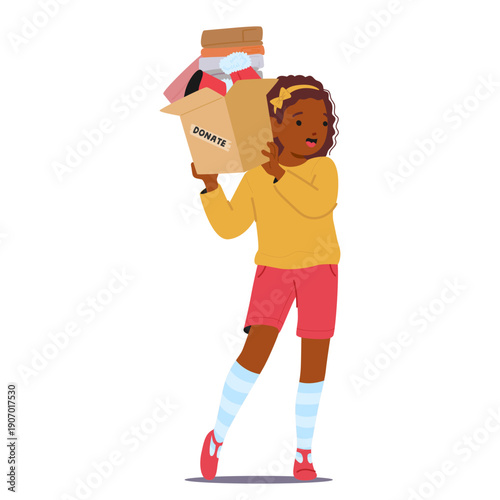 Little happy girl child cartoon character carrying cardboard donate box isolated on white background