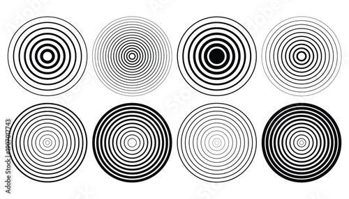 Set of eight abstract black various halftone concentric circles, ideal for graphic design elements, target icons, sonar waves, or optical illusion backgrounds. Striped gradient round shapes.