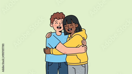 Two diverse friends sharing a warm embrace, celebrating friendship and connection in a lighthearted illustration