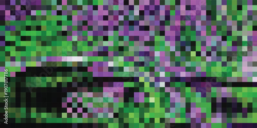 Abstract pixelated glitch art with purple and green hues.