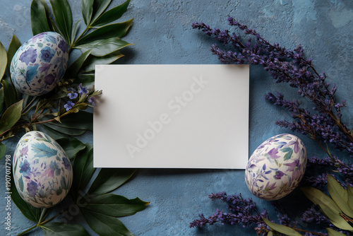 Naturally dyed Easter eggs with botanical prints and blank card flatlay