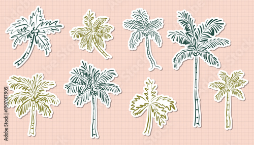 A collection of hand drawn sketch palm tree stickers on a pink grid background. Perfect for summer travel, tropical vacation themed, planners, and beach inspired designs.