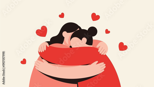 Warm and affectionate embrace between two people, illustrating strong emotional connection, support, and friendship, surrounded by floating heart symbols, conveying love and care