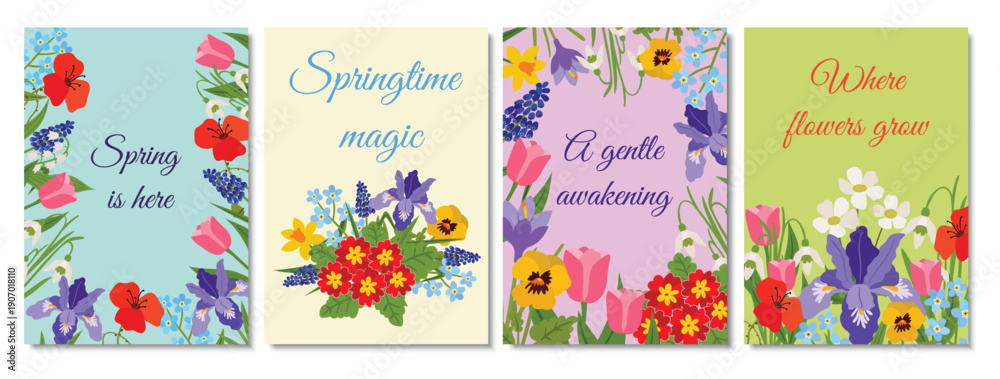 Fototapeta premium Set of four spring vertical greeting cards or posters with floral borders and bouquets. Features irises, tulips, poppies, and pansies with seasonal quotes on colorful backgrounds.