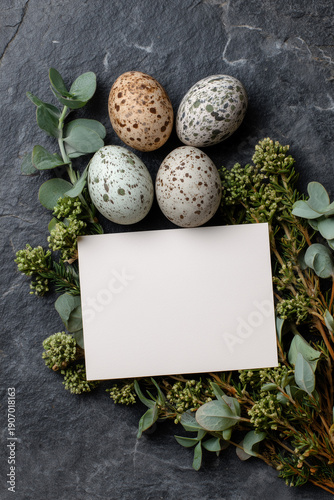 Speckled Easter eggs with botanical greenery and blank card on slate