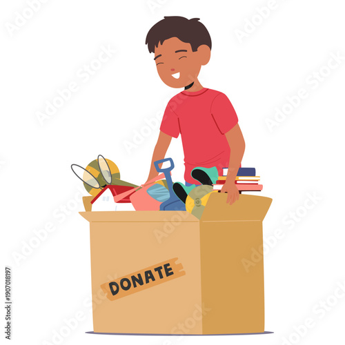 Happy boy child cartoon character preparing cardboard donate box with toys and stuffs for charity