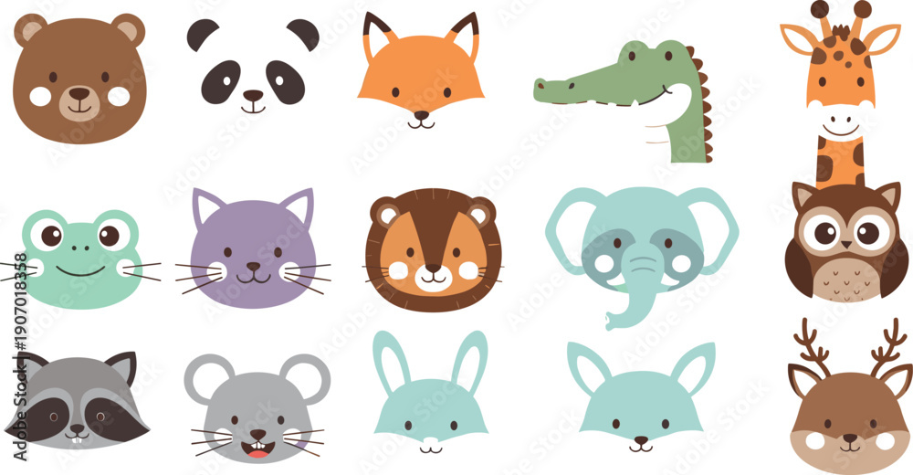Fototapeta premium Cute Animal Face Vector Set with Bear, Fox, Panda, Lion, Elephant, Owl and Safari Cartoon Head Icons
