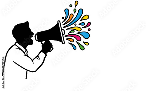 Silhouette of a man speaking into a megaphone with colorful splashes erupting