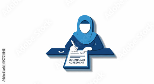 Muslim woman in hijab signing a Mudarabah agreement, representing Islamic finance, business partnership, and legal contracts. Flat illustration.