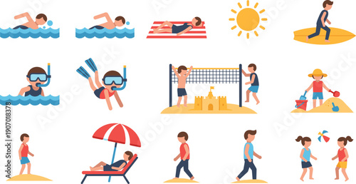 Summer beach activity icon set featuring swimming, snorkeling, surfing, volleyball, sunbathing, walking, and seaside recreation with people in flat vector style