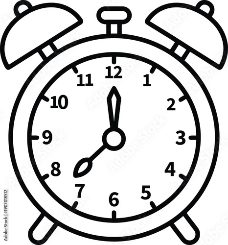 A simple black and white illustration of a traditional alarm clock.