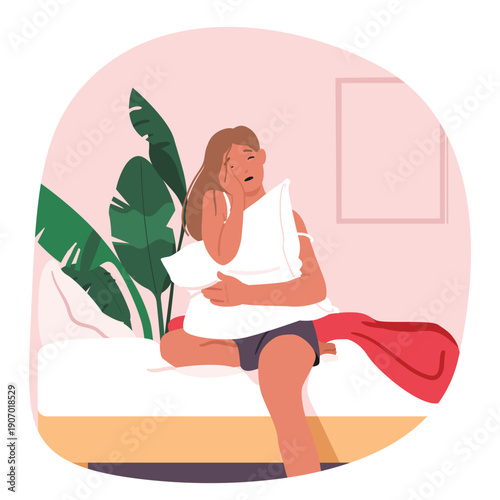 Sleepy young woman cartoon character waking up sitting in bed, yawning and hugging pillow scene