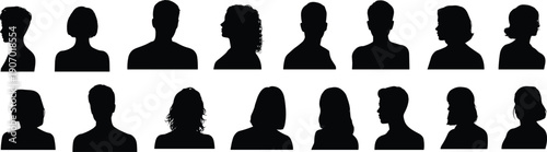 Collection of Black Silhouettes of Diverse Human Head and Shoulder Profiles illustration