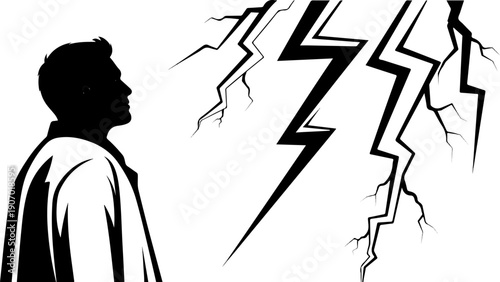 Silhouette of man looking at jagged lightning bolts against a white background