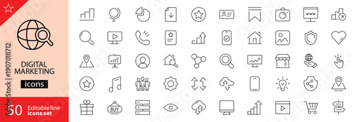Digital marketing icons set. Includes symbols of SEO, social media, content marketing, email campaigns, analytics, advertising, and online growth. Editable stroke. Vector illustration. Outline icons.