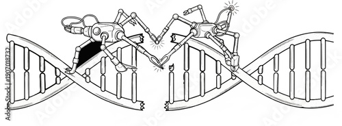 Robotic spiders manipulate a broken DNA helix, sparking with activity