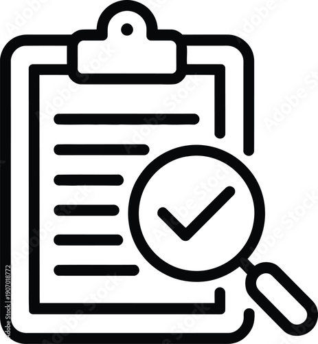 A simple icon of a clipboard with a magnifying glass and checkmark, representing review or verification.