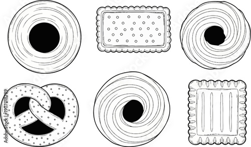 Six assorted baked treats in a simple black and white illustration