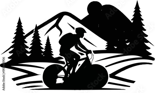 Silhouette of cyclist descending a mountain amidst trees and peaks