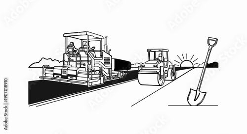 Road construction equipment, including a paver and roller, work on a new highway at sunrise