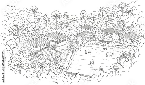 Rural dwellings nestled amidst lush jungle foliage with livestock