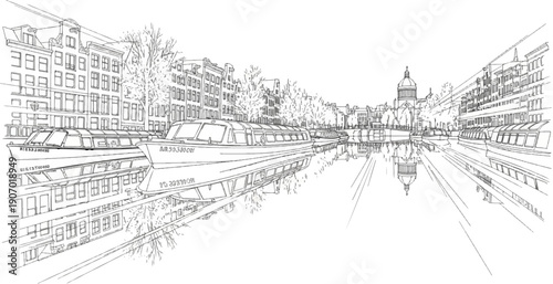 Sketch of canal boats in front of canal houses and a distant dome