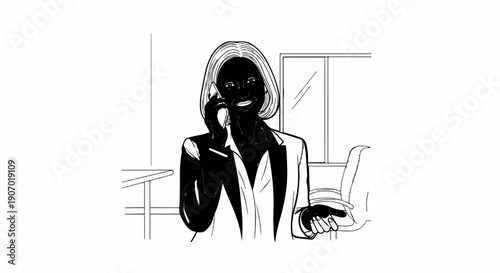 Professional woman in a suit talking on a cordless phone in an office setting