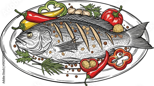 Prepared whole fish with peppers, spices, and herbs on a platter