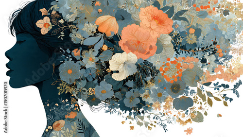 Woman Profile with Blooming Floral Hair for Mental Wellness, Inner Peace, Nature Connection, and Personal Growth