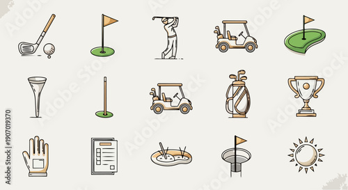 Golf Icons Set Hand Drawn Doodle Style Vector Illustration.