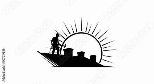 Silhouette of a worker atop a ship's structure, with a sunburst behind