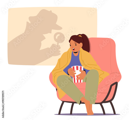 Teenage girl wrapped in a warm plaid blanket watching a detective movie isolated cartoon scene