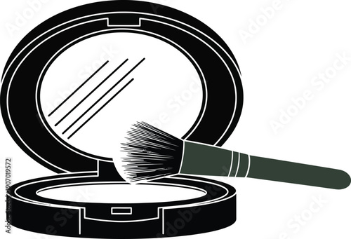 Black and white vector illustration of an open face powder compact with mirror, professional makeup brush, and cosmetic beauty product.